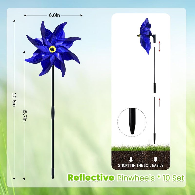 DECEED 10 PCS Reflective Pinwheels for Yard and Garden Bird Devices Pre-Installed Sparkly Wind Spinner Deterrent to Scare Birds Away from Yard Patio Farm (Blue) - Image 3